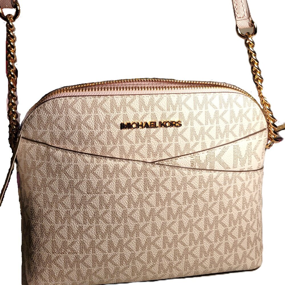 NWT Michael Kors Jet Set Monogram Travel Bag in Vanilla and Powder Blush Pink